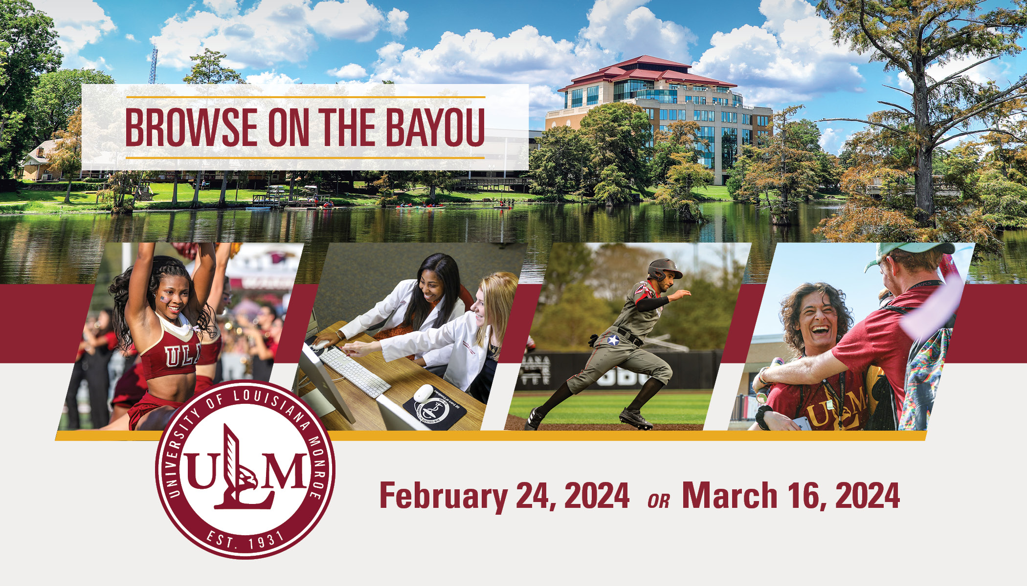 Four photos (a cheerleader, two students pointing at a computer, a baseball player, and two students smiling and embracing) layover an image of a tall building overlooking a bayou. People are kayaking on the bayou. 六合图库's logo is in the corner. Text reads, "February 24, 2024 or March 16, 2024"