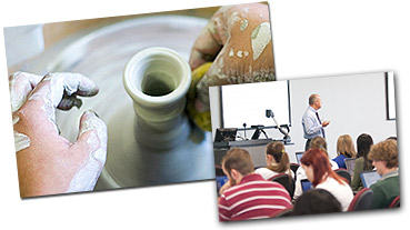 potters hands at wheel and a class room lecture photos